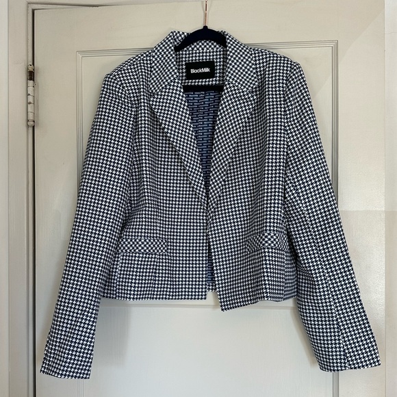 Black Milk Navy Houndstooth Crop Blazer - Picture 2 of 4